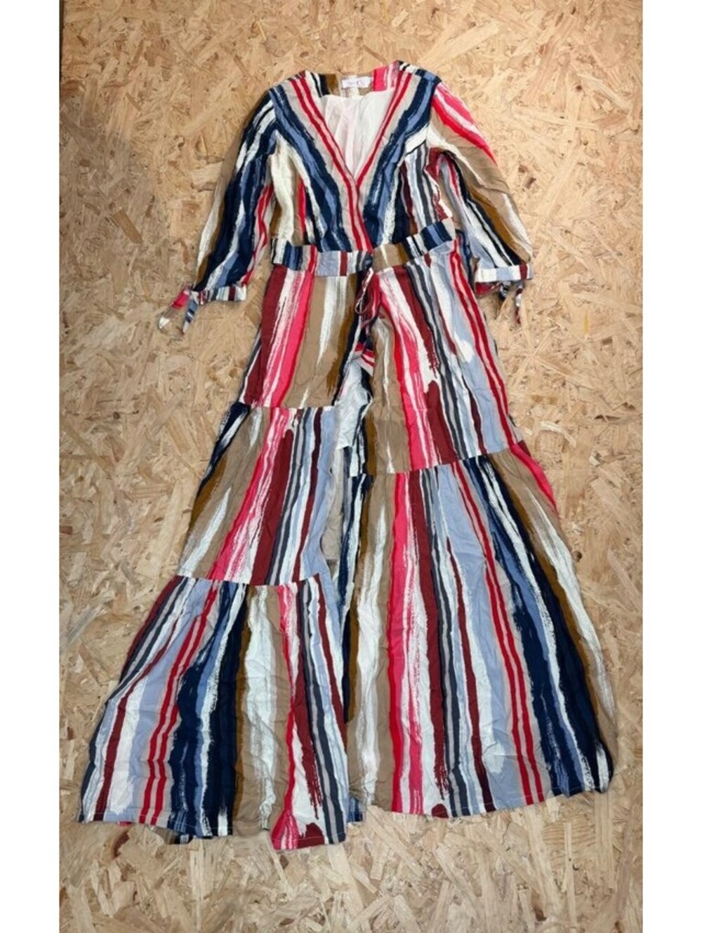 Fashion Lounge Jumpsuit Womens XS Multicolor Striped Wide Leg V-Neck Tie Sleeve